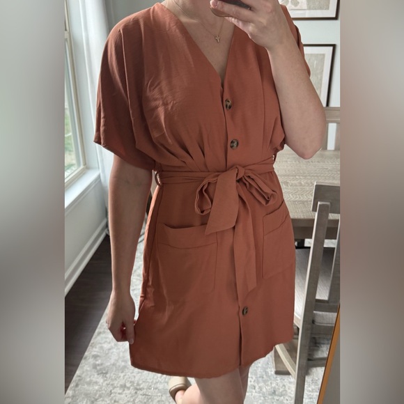 Women's Orange Rust Button-Down Tie Belt Dress - Picture 8 of 10